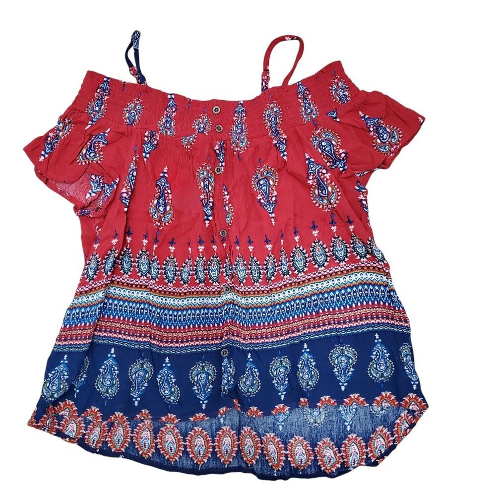 Twine & String Girl's Red Blue Gauzy Paisley Boho‎ Off Shoulder Peasant Top Sz L